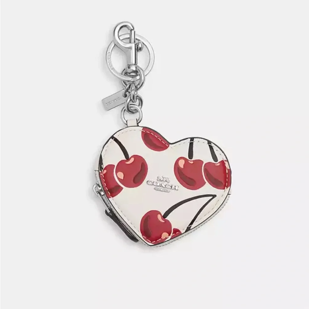 Coach Heart Coin Pouch Bag Charm With Cherry Print New NWT